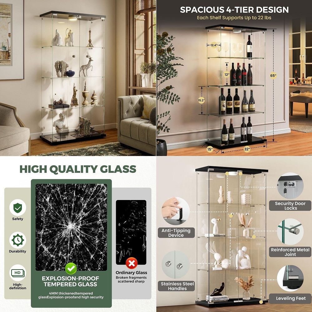 Lighting & Home Decor Studio - ตู้โชว์พร้อมไฟ LED และระบบล็อค, ตู้โชว์กระจกนิรภัย 4 ชั้น