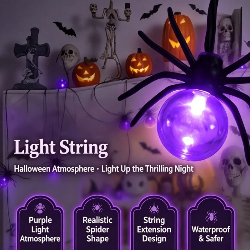 Garden Lighting Decor - ไฟสาย LED รูปแมงมุมใช้พลังงานจากแบตเตอรี่ สำหรับตกแต่งกลางแจ้งในวันฮาโลวีน งานปาร์ตี้ในสวนหรือสนามหญ้า