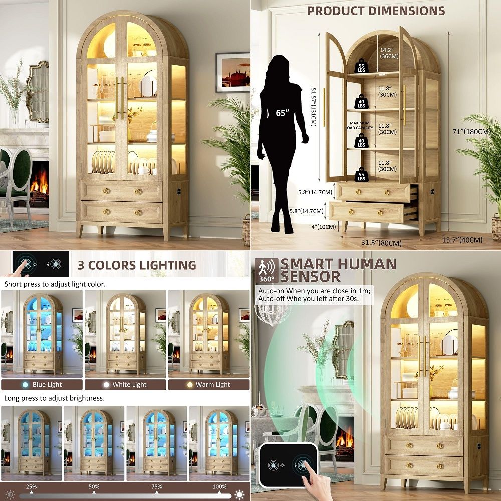 Lighting & Home Decor Studio - ตู้โชว์ทรงโค้ง 71 ชิ้นพร้อมประตูกระจก, ตู้โชว์ 4 ชั้นและ