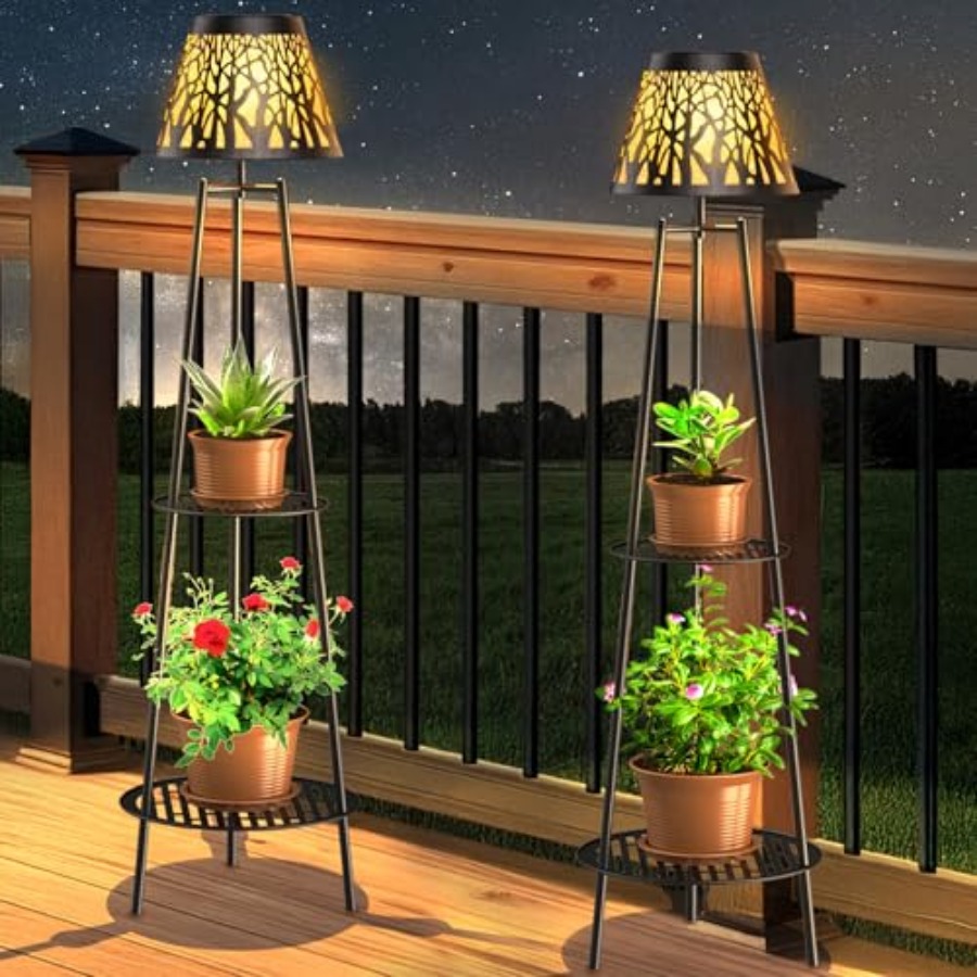 Garden Lighting Decor - โคมไฟตั้งพื้นพลังงานแสงอาทิตย์สำหรับกลางแจ้ง 2 ชิ้น พร้อมขาตั้งต้นไม้ ไฟสวนโลหะกันน้ำ พร้อมชั้นวาง