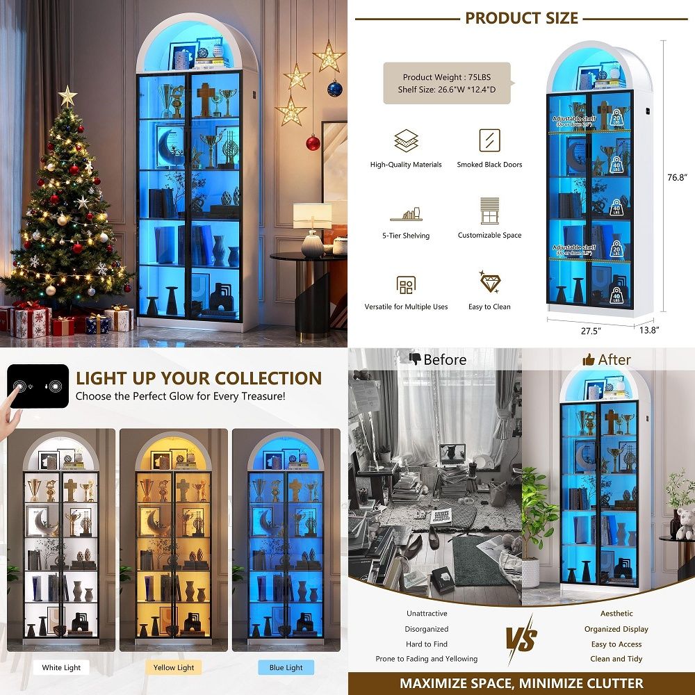 Lighting & Home Decor Studio - ตู้โชว์พร้อมบานประตูและชั้นวางปรับระดับได้, ตู้โชว์สูง 76 นิ้วพร้อมไฟ LED ช่องเก็บของโค้งมน,