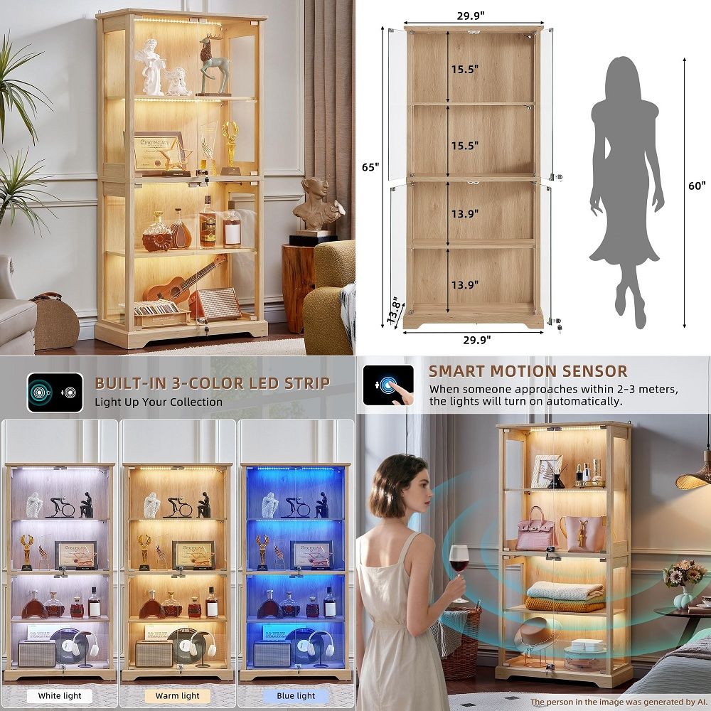 Lighting & Home Decor Studio - ตู้โชว์กระจกสไตล์บ้านไร่พร้อมประตู ตู้โชว์ไม้สำหรับของสะสมพร้อมไฟ LED 3 สีพร้อมเซ็นเซอร์ตรวจจับความเคลื่อนไหวและรีไฟโน
