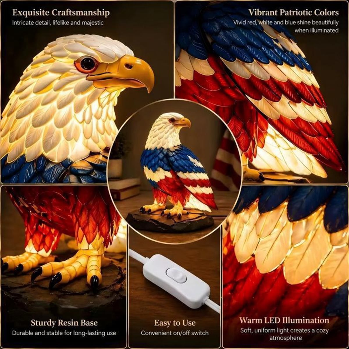 Home Decor Lighting Manufacturer - โคมไฟตั้งโต๊ะเรซิ่นรูปนกอินทรี PHONE&GEAR ไฟกลางคืนสร้างบรรยากาศสำหรับวันประกาศอิสรภาพ วันรำลึก และตกแต่งบ้าน